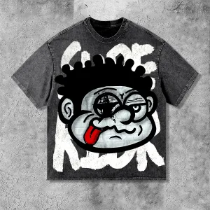 Blavra Vintage Big Face Graphic Distressed Acid Wash T-Shirt