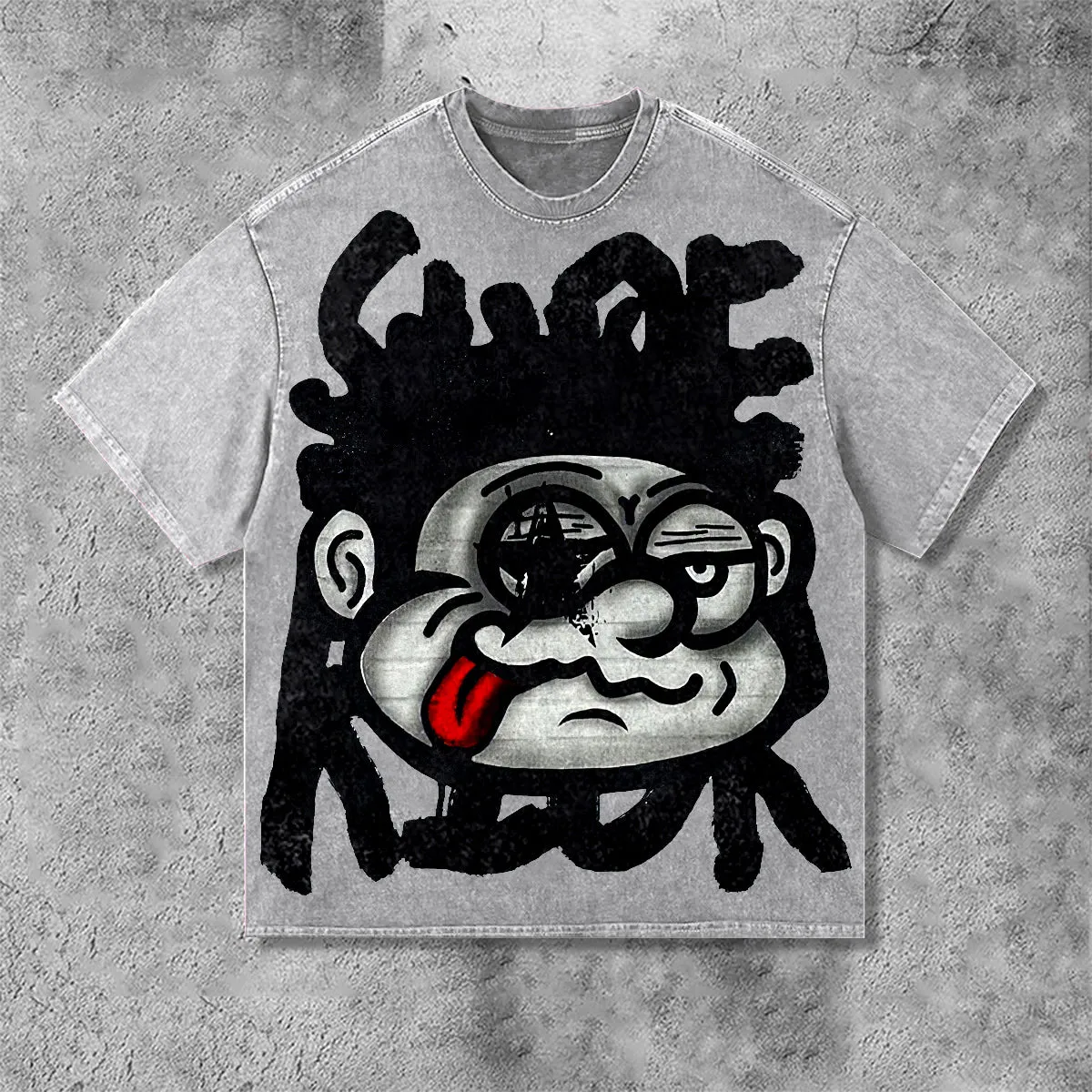 Blavra Vintage Big Face Graphic Distressed Acid Wash T-Shirt